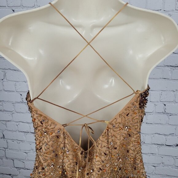 NWD Morell Maxie Brown Silk Chiffon Beaded Rhinestone Strappy Dress 8 - Picture 13 of 16